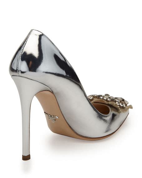 prada black patent pumps with silver medallion|Prada Metallic Patent Bow Pump, Silver/Black .